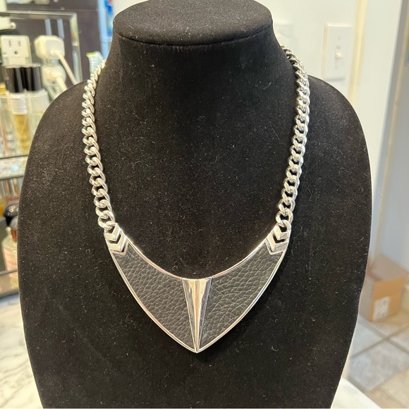 Vince Camuto Silver black leather statement necklace goth punk cyber - Picture 1 of 4